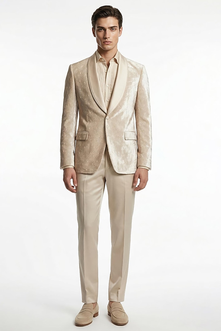 Frosted Silver Silk Velvet Embroidered Tuxedo Set by Rohit Gandhi & Rahul Khanna Men at Pernia's Pop Up Shop