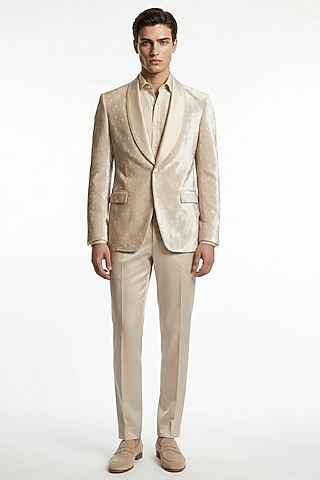 Frosted Silver Silk Velvet Embroidered Tuxedo Set by Rohit Gandhi & Rahul Khanna Men