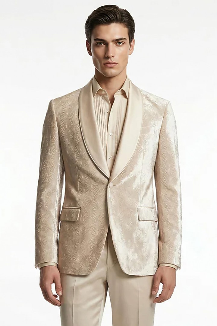 Frosted Silver Silk Velvet Embroidered Tuxedo Set by Rohit Gandhi & Rahul Khanna Men at Pernia's Pop Up Shop
