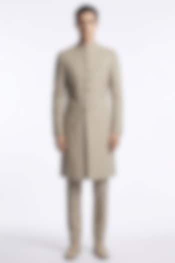 Powder Grey Italian Crepe Groom Sherwani Set by Rohit Gandhi & Rahul Khanna Men at Pernia's Pop Up Shop