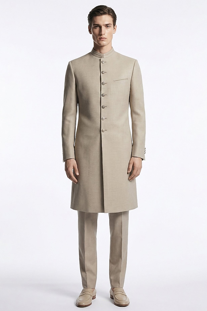 Powder Grey Italian Crepe Groom Sherwani Set by Rohit Gandhi & Rahul Khanna Men at Pernia's Pop Up Shop