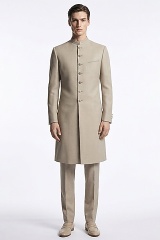 Powder Grey Italian Crepe Sherwani Set  by Rohit Gandhi & Rahul Khanna Men