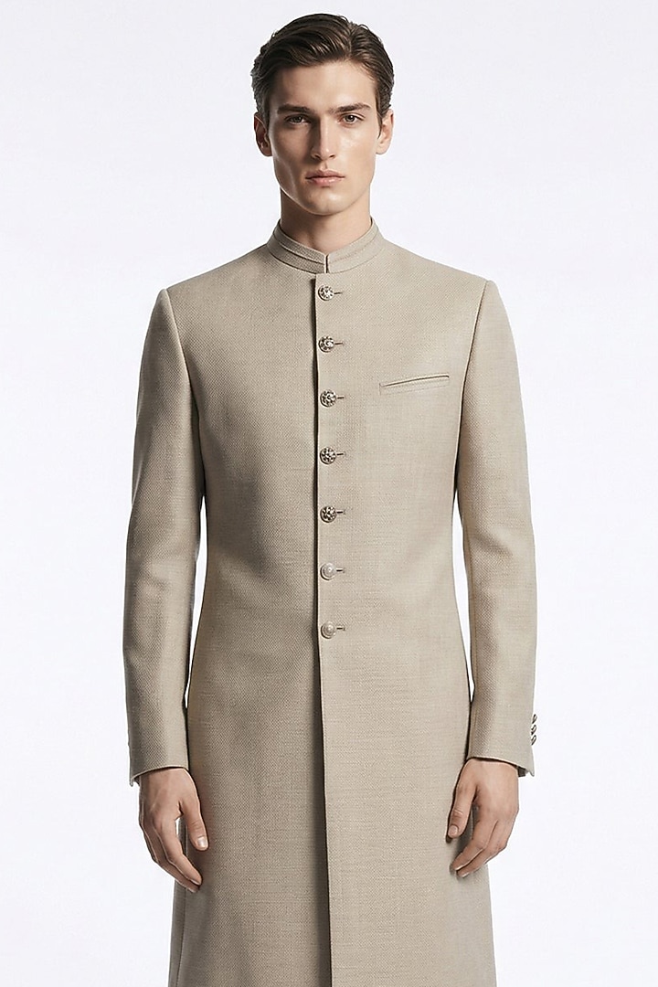 Powder Grey Italian Crepe Groom Sherwani Set  by Rohit Gandhi & Rahul Khanna Men at Pernia's Pop Up Shop