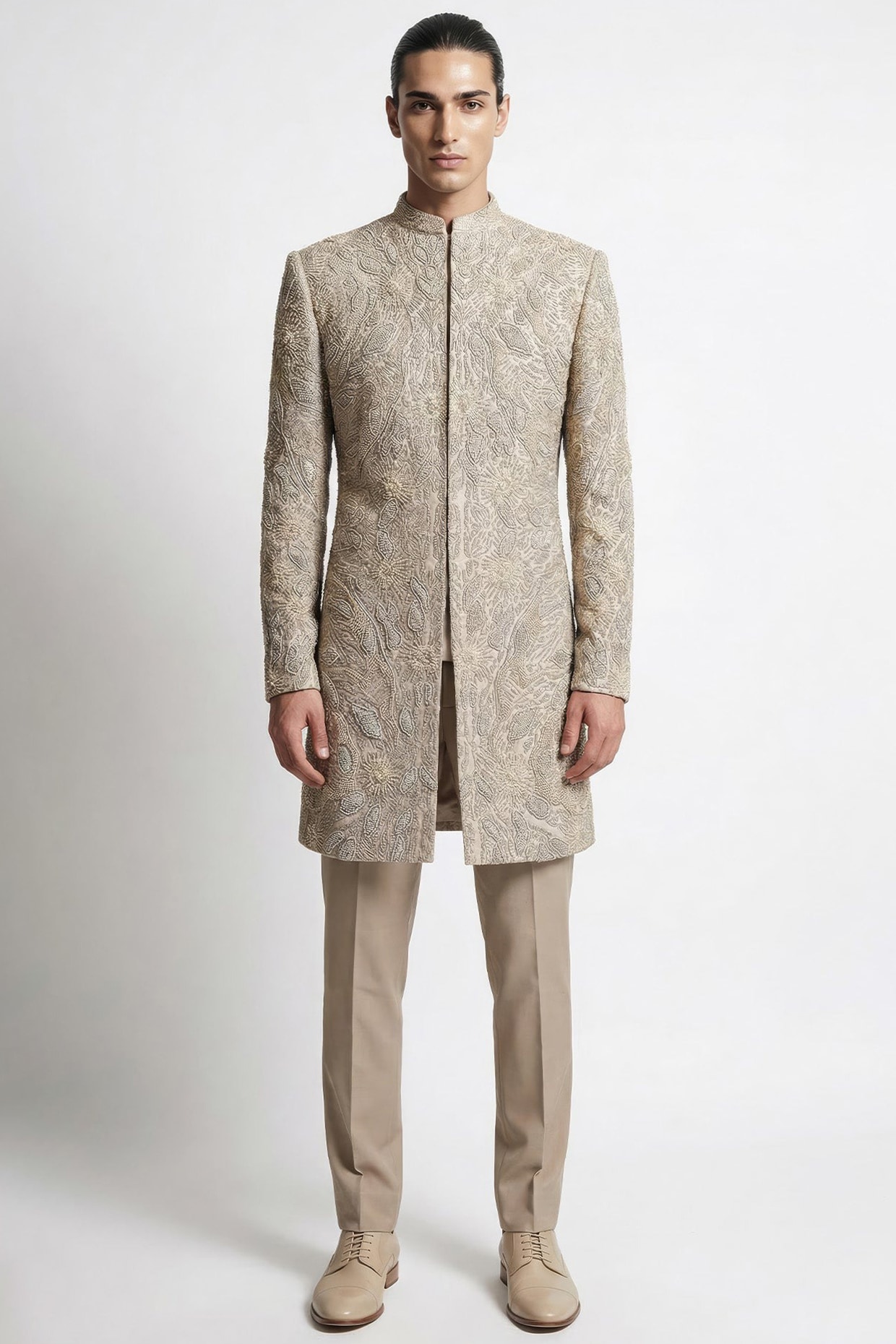 Rohit Gandhi & Rahul Khanna Cream Beige Viscose Dupion Embroidered Sherwani Set