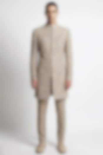 Cream Beige Viscose Dupion Embroidered Groom Sherwani Set by Rohit Gandhi & Rahul Khanna Men at Pernia's Pop Up Shop