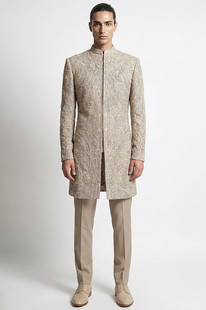 Cream Beige Viscose Dupion Embroidered Groom Sherwani Set by Rohit Gandhi & Rahul Khanna Men at Pernia's Pop Up Shop