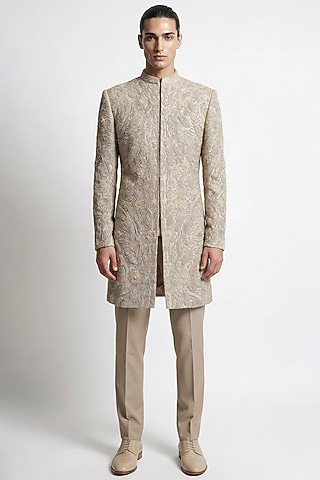 Cream Beige Viscose Dupion Embroidered Sherwani Set by Rohit Gandhi & Rahul Khanna Men