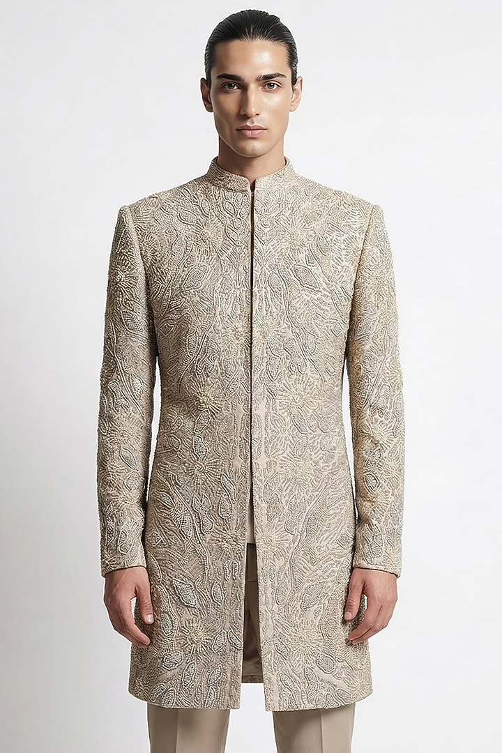 Cream Beige Viscose Dupion Embroidered Groom Sherwani Set by Rohit Gandhi & Rahul Khanna Men at Pernia's Pop Up Shop