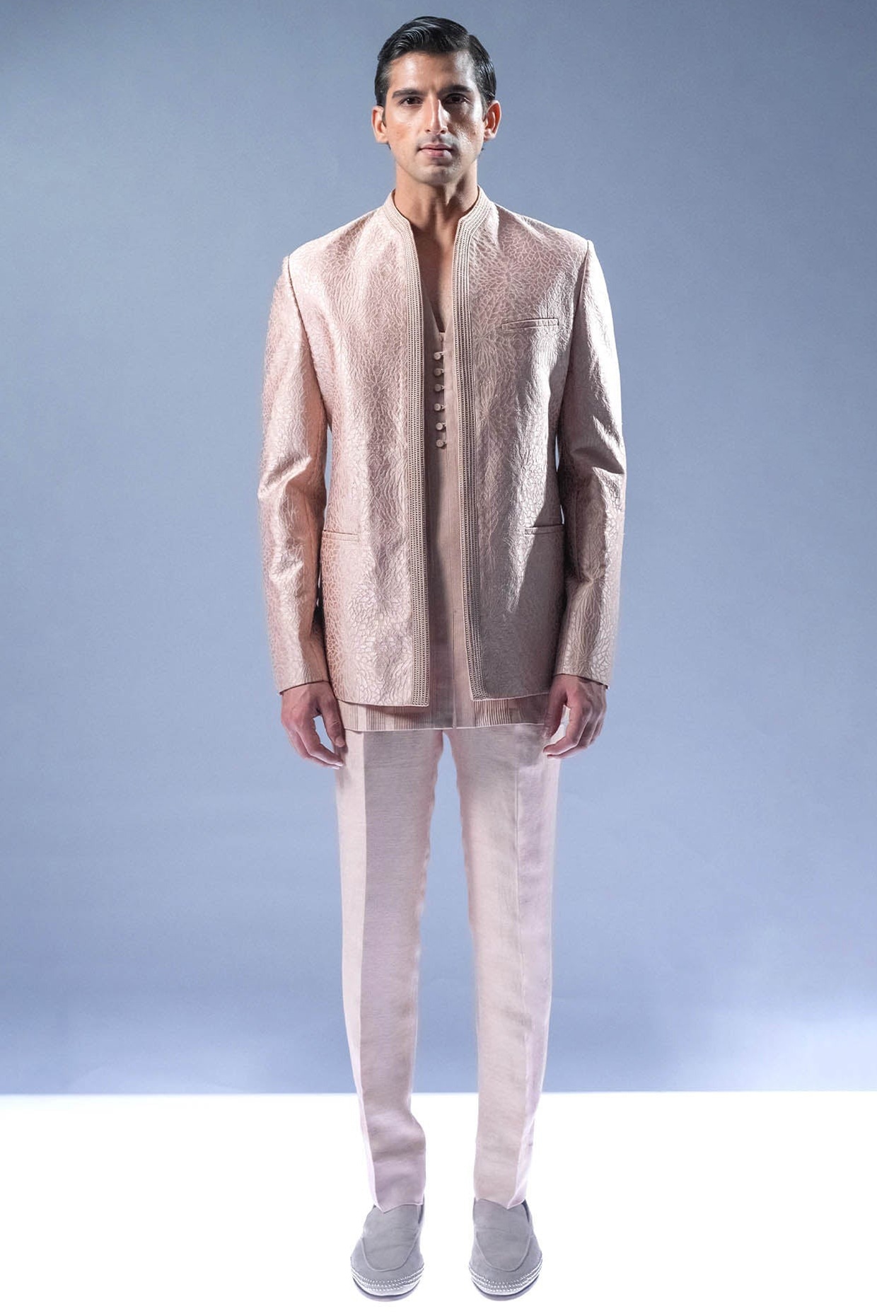 Rohit Gandhi & Rahul Khanna Pink Blush Silk Open Bandhgala Set