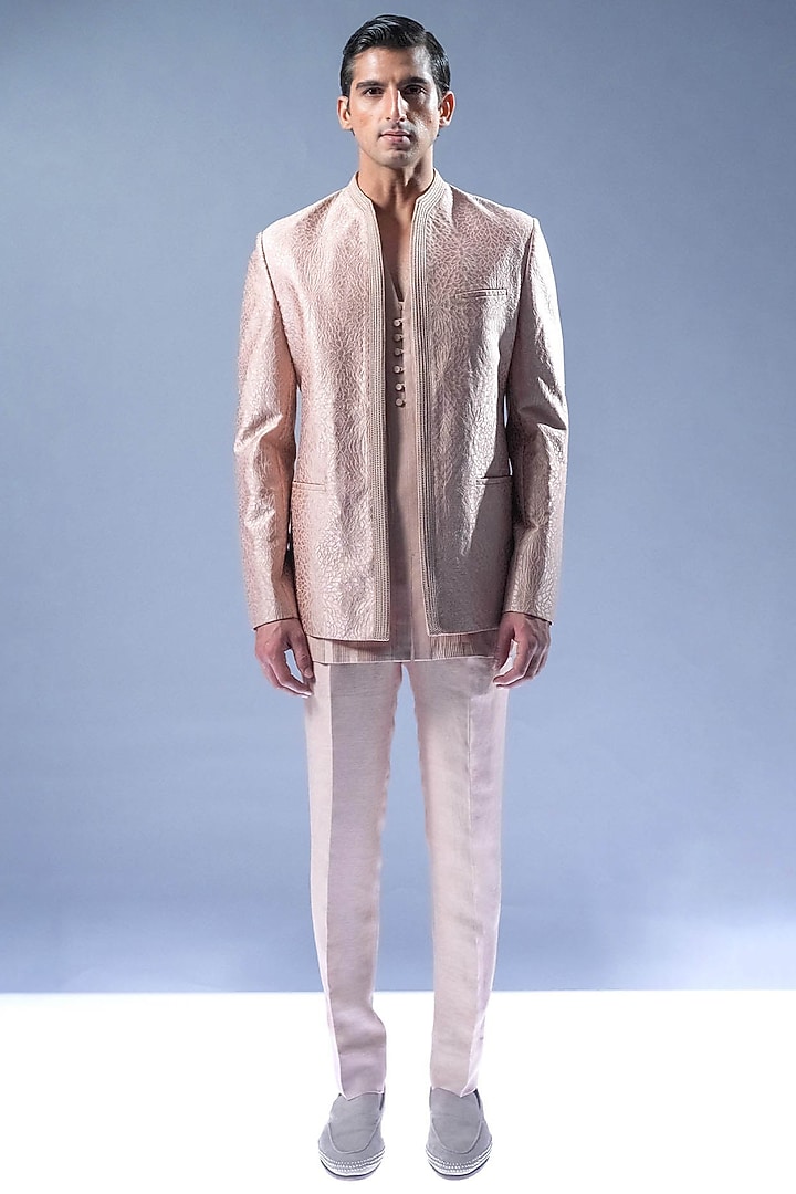 Pink Blush Silk Open Groom Bandhgala Set by Rohit Gandhi & Rahul Khanna Men at Pernia's Pop Up Shop