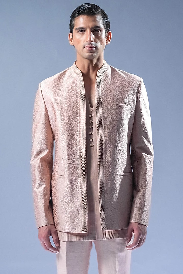 Pink Blush Silk Open Groom Bandhgala Set by Rohit Gandhi & Rahul Khanna Men at Pernia's Pop Up Shop