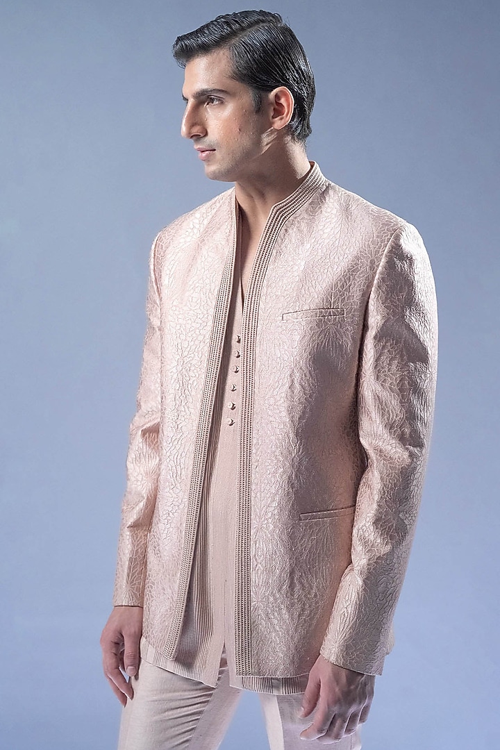 Pink Blush Silk Open Groom Bandhgala Set by Rohit Gandhi & Rahul Khanna Men at Pernia's Pop Up Shop
