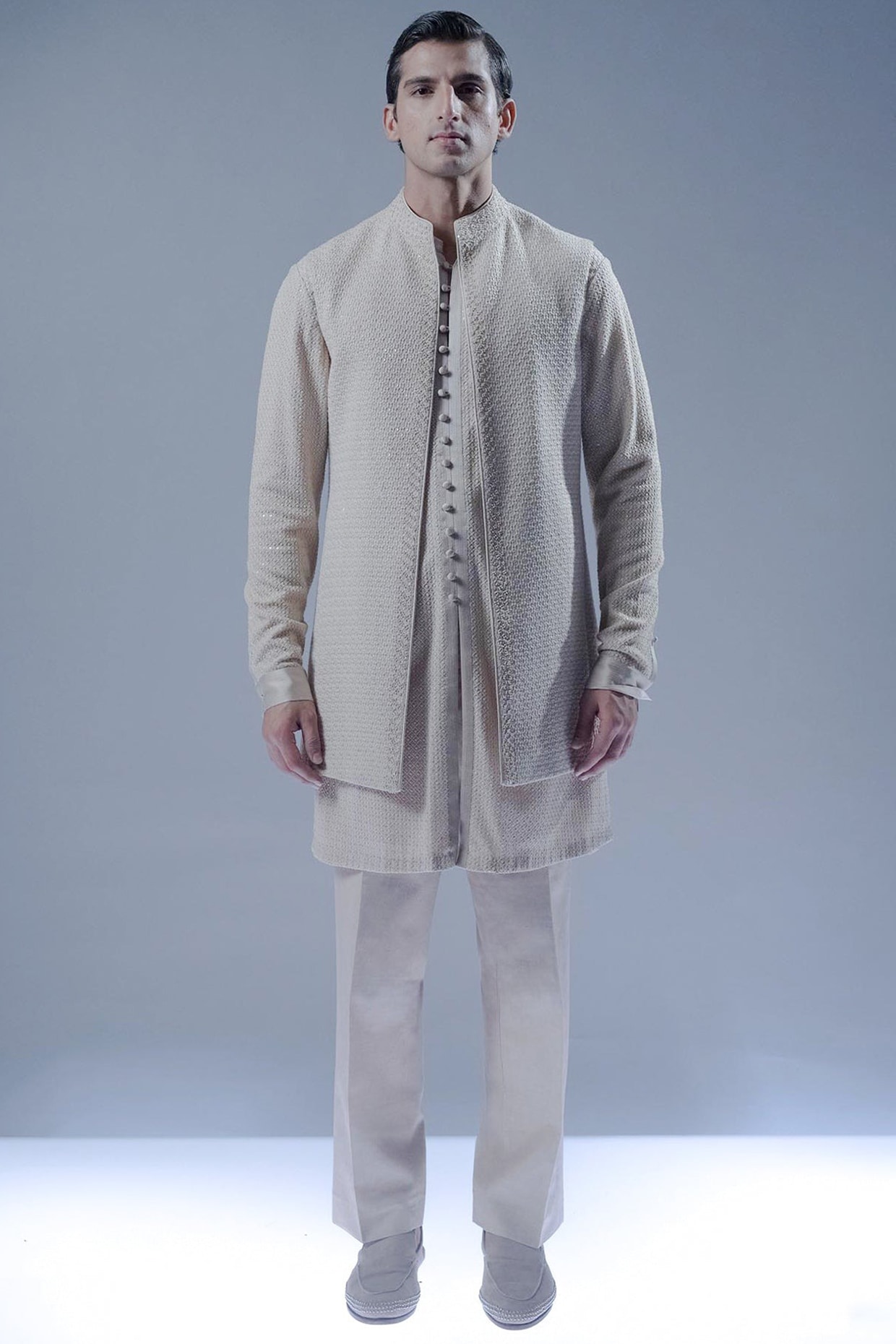 Rohit Gandhi & Rahul Khanna Sandstone-Colored Viscose Dupion Open Jacket Set