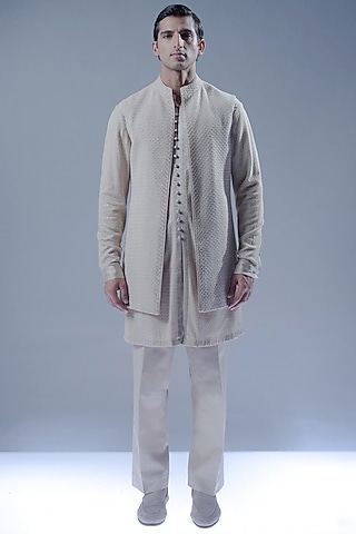 Sandstone-Colored Viscose Dupion Open Jacket Set by Rohit Gandhi & Rahul Khanna Men