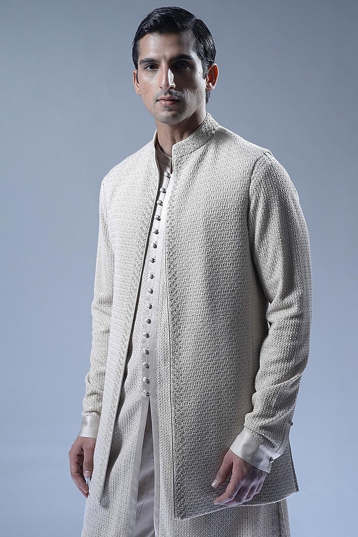 Sandstone-Colored Viscose Dupion Open Jacket Set by Rohit Gandhi & Rahul Khanna Men at Pernia's Pop Up Shop