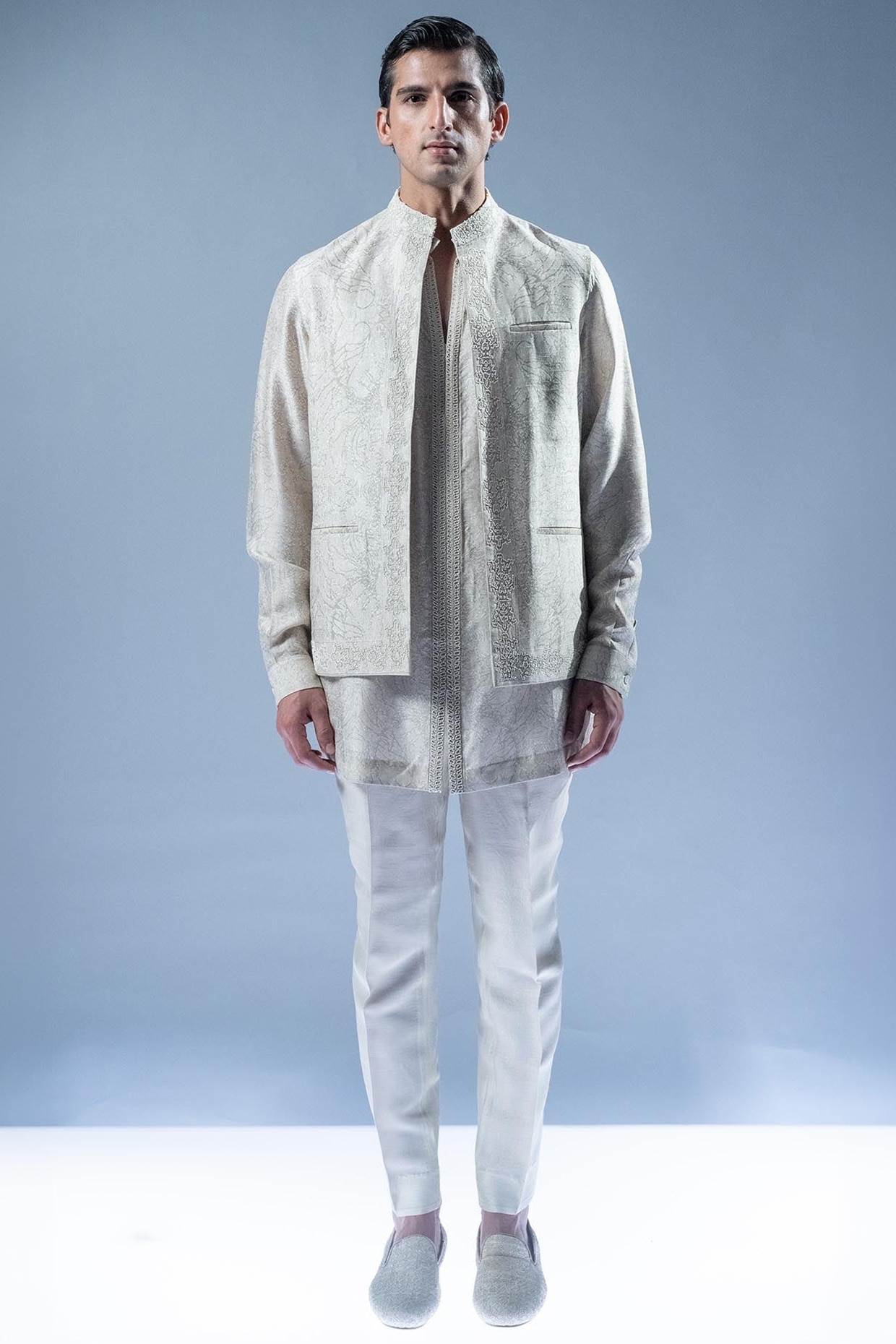 Rohit Gandhi & Rahul Khanna Blush Gold Viscose Dupion Open Jacket Set