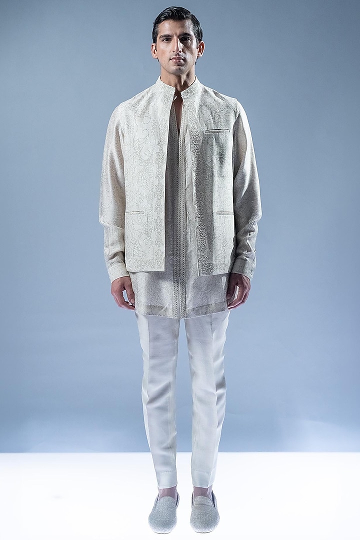 Blush Gold Viscose Dupion Open Jacket Set by Rohit Gandhi & Rahul Khanna Men at Pernia's Pop Up Shop