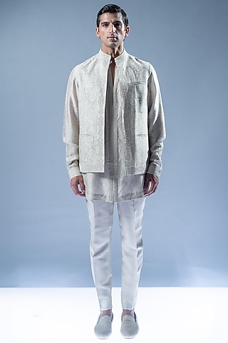 Blush Gold Viscose Dupion Open Jacket Set by Rohit Gandhi & Rahul Khanna Men