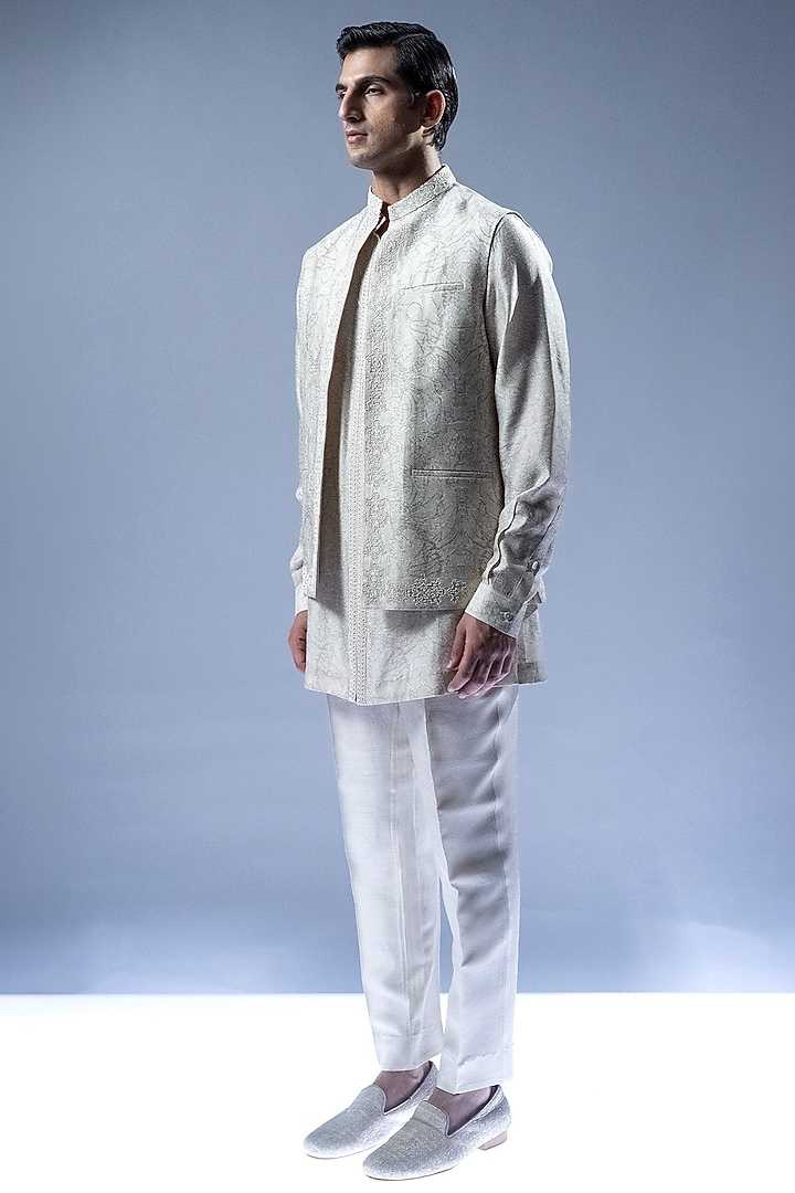 Blush Gold Viscose Dupion Open Jacket Set by Rohit Gandhi & Rahul Khanna Men at Pernia's Pop Up Shop
