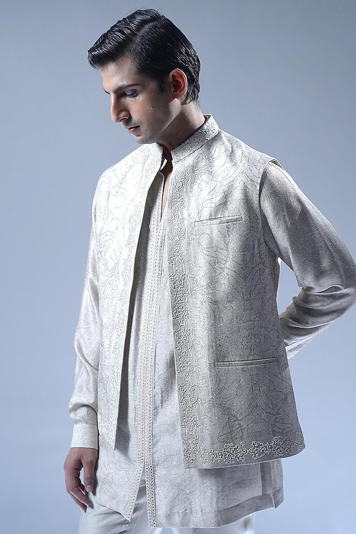 Blush Gold Viscose Dupion Open Jacket Set by Rohit Gandhi & Rahul Khanna Men at Pernia's Pop Up Shop