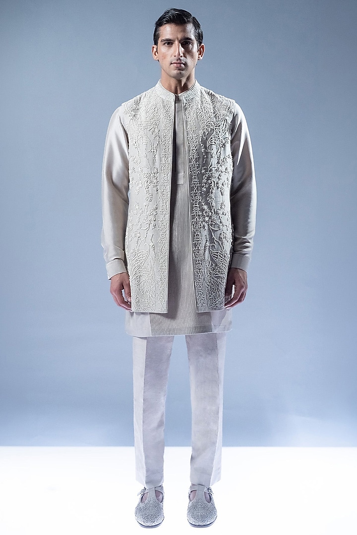 Ivory Viscose Dupion Open Jacket Set by Rohit Gandhi & Rahul Khanna Men at Pernia's Pop Up Shop