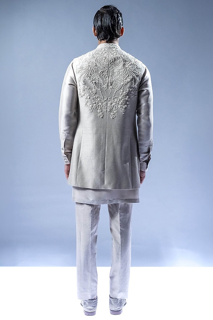 Ivory Viscose Dupion Open Jacket Set by Rohit Gandhi & Rahul Khanna Men at Pernia's Pop Up Shop