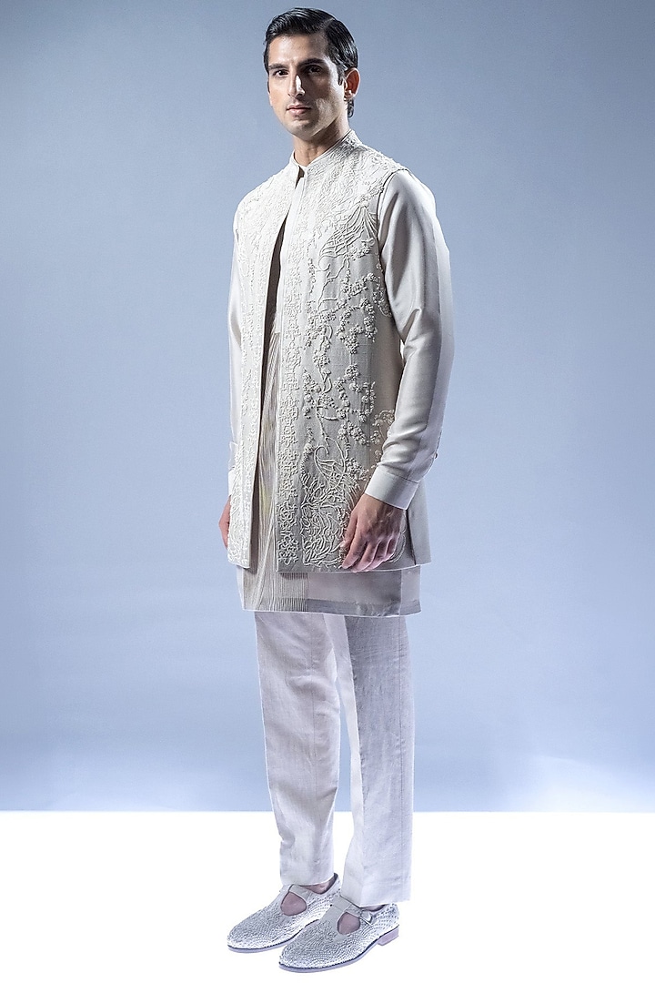 Ivory Viscose Dupion Open Jacket Set by Rohit Gandhi & Rahul Khanna Men at Pernia's Pop Up Shop