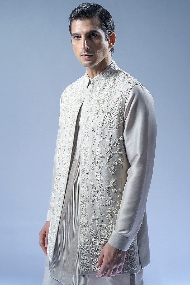 Ivory Viscose Dupion Open Jacket Set by Rohit Gandhi & Rahul Khanna Men at Pernia's Pop Up Shop