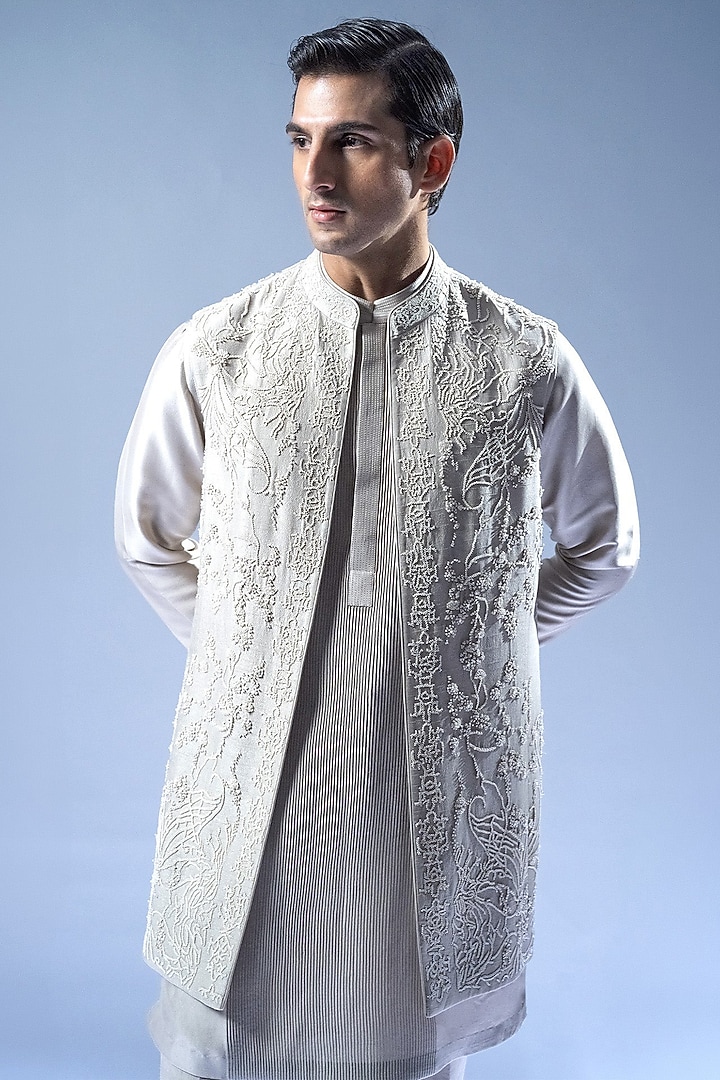 Ivory Viscose Dupion Open Jacket Set by Rohit Gandhi & Rahul Khanna Men at Pernia's Pop Up Shop