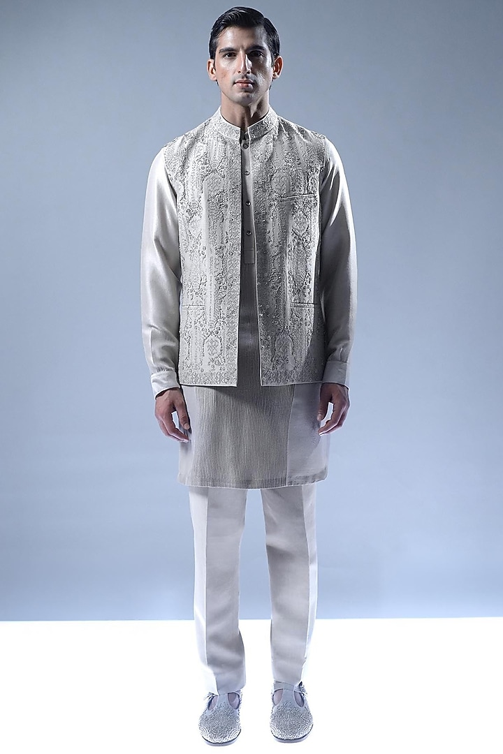 Beige Cream Viscose Dupion Open Jacket Set by Rohit Gandhi & Rahul Khanna Men at Pernia's Pop Up Shop