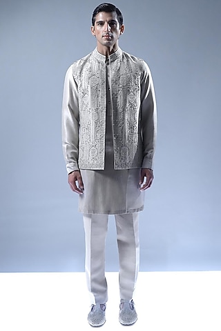 Beige Cream Viscose Dupion Open Jacket Set by Rohit Gandhi & Rahul Khanna Men