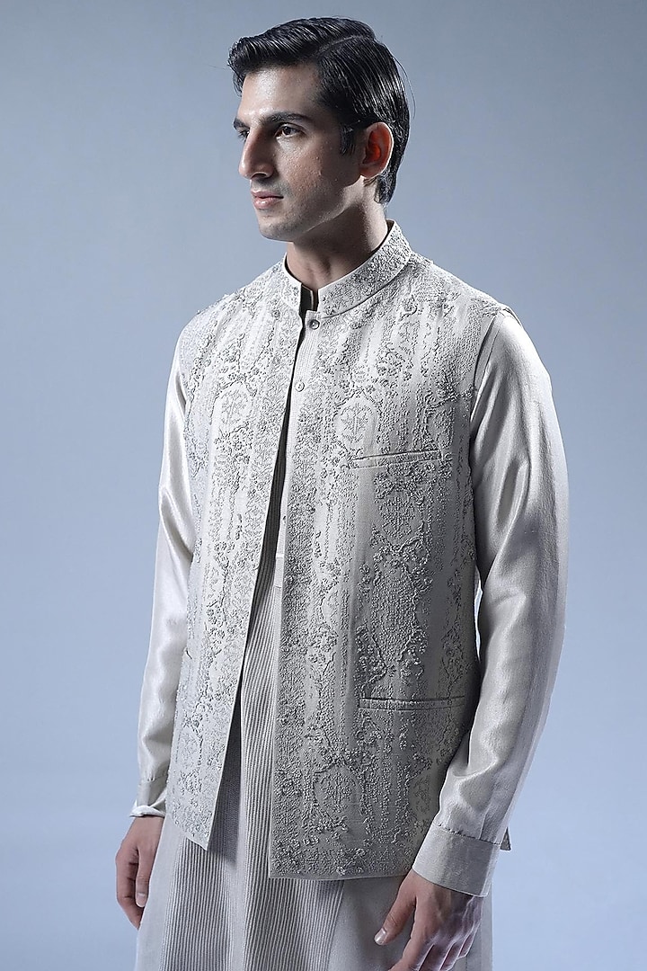 Beige Cream Viscose Dupion Open Jacket Set by Rohit Gandhi & Rahul Khanna Men at Pernia's Pop Up Shop