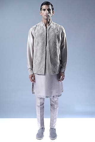Ivory Viscose Dupion Indowestern Set by Rohit Gandhi & Rahul Khanna Men
