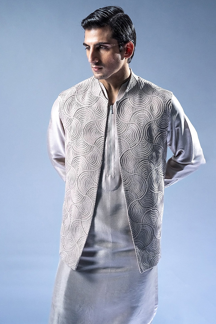 Ivory Viscose Dupion Groom Indowestern Set by Rohit Gandhi & Rahul Khanna Men at Pernia's Pop Up Shop