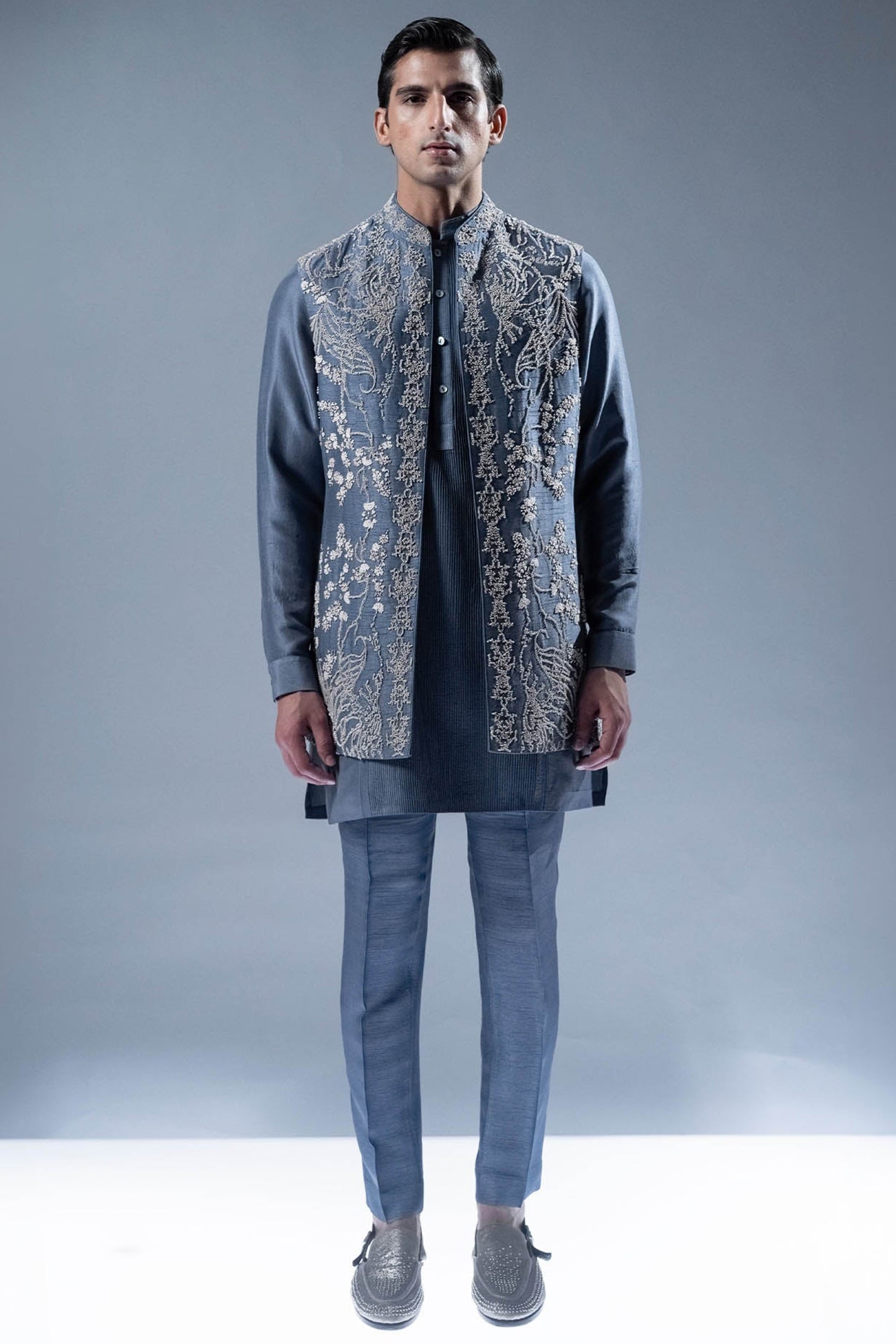 Rohit Gandhi & Rahul Khanna Marble Blue Viscose Dupion Embroidered Indowestern Set