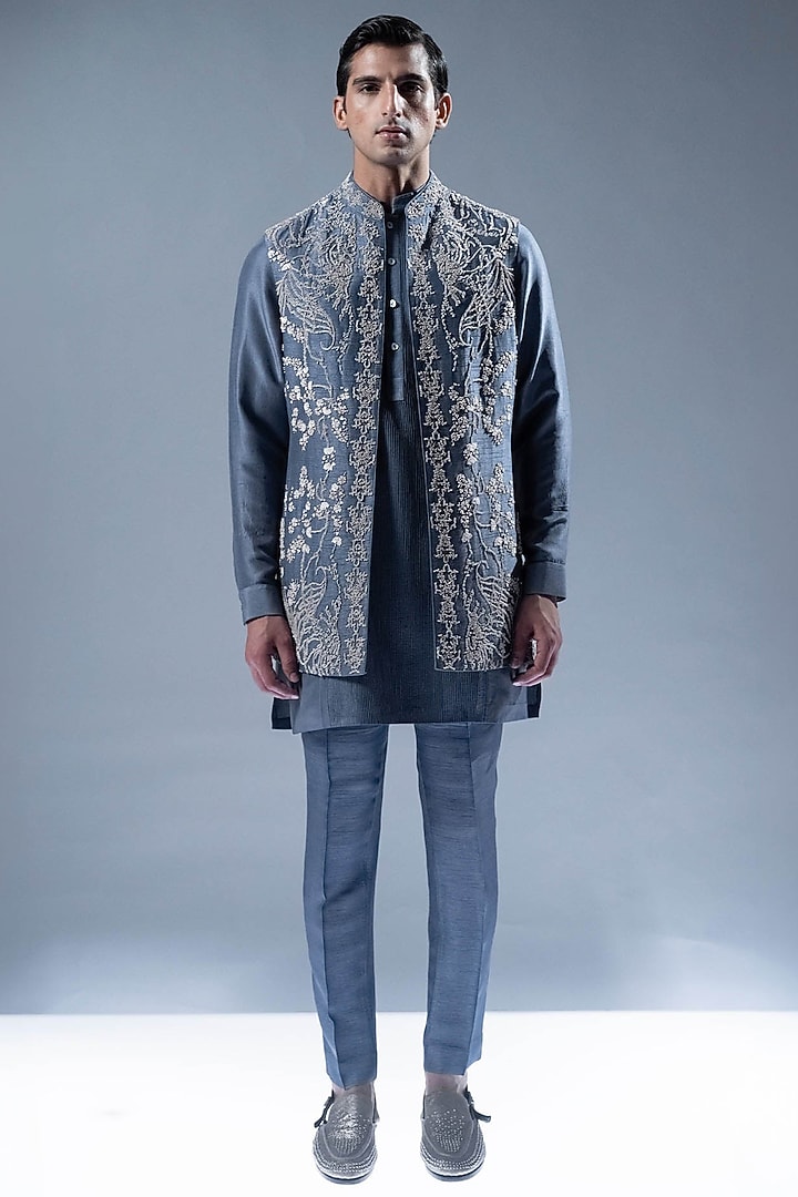 Marble Blue Viscose Dupion Embroidered Groom Indowestern Set by Rohit Gandhi & Rahul Khanna Men at Pernia's Pop Up Shop