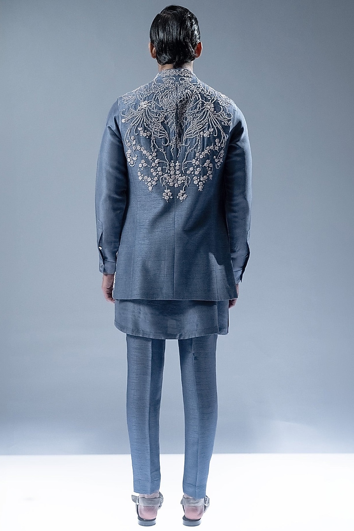 Marble Blue Viscose Dupion Embroidered Groom Indowestern Set by Rohit Gandhi & Rahul Khanna Men at Pernia's Pop Up Shop
