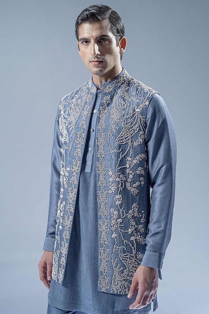 Marble Blue Viscose Dupion Embroidered Groom Indowestern Set by Rohit Gandhi & Rahul Khanna Men at Pernia's Pop Up Shop