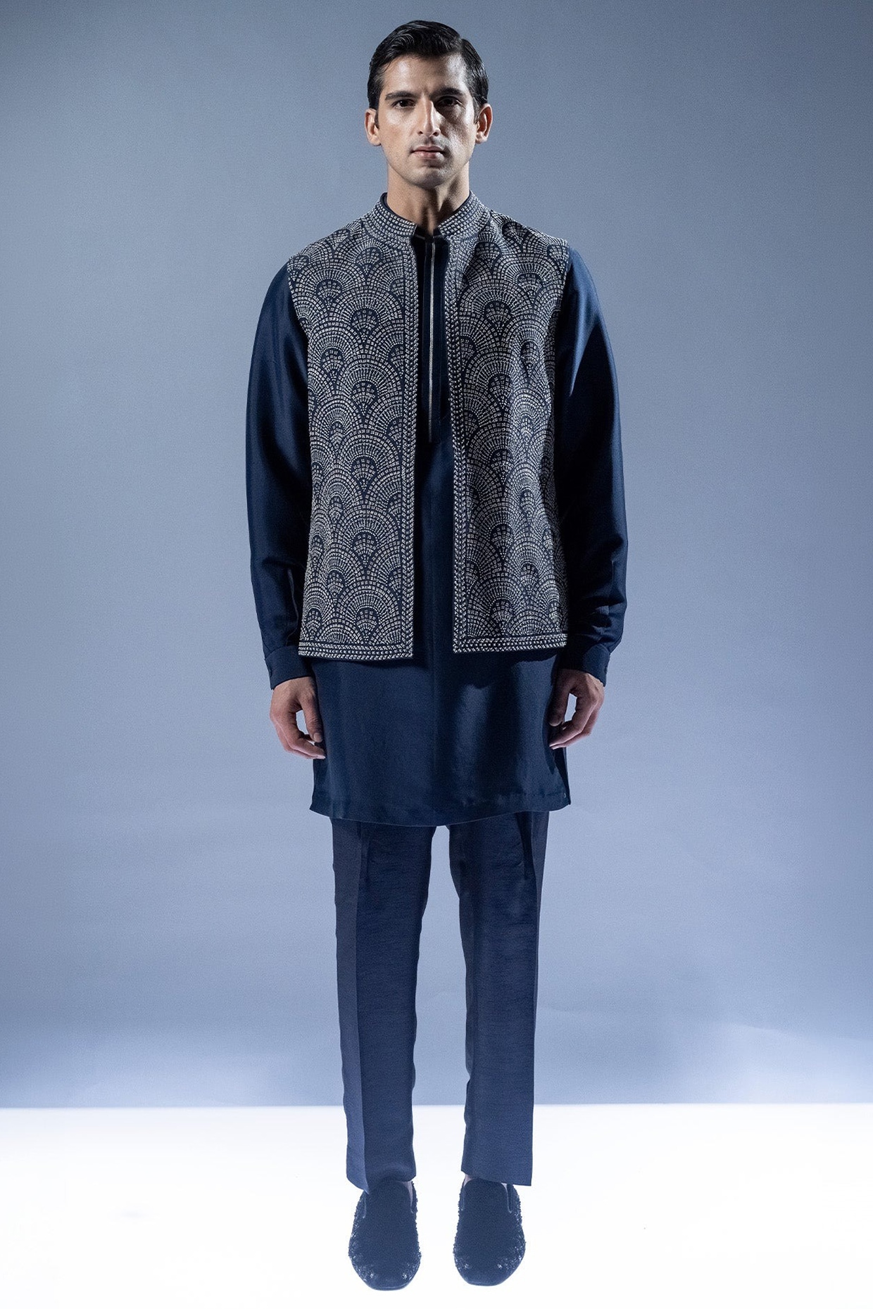 Rohit Gandhi & Rahul Khanna Blue Viscose Dupion Embroidered Indoestern Set
