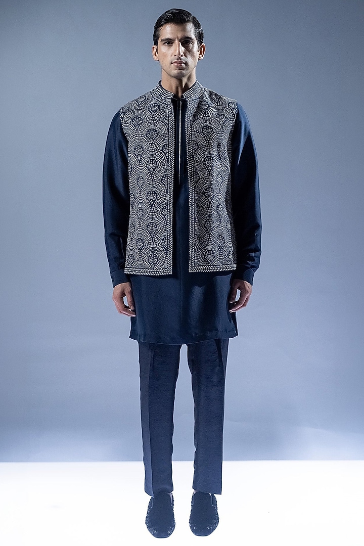Blue Viscose Dupion Embroidered Indoestern Set by Rohit Gandhi & Rahul Khanna Men at Pernia's Pop Up Shop