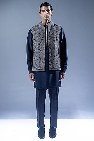 Blue Viscose Dupion Embroidered Indoestern Set by Rohit Gandhi & Rahul Khanna Men