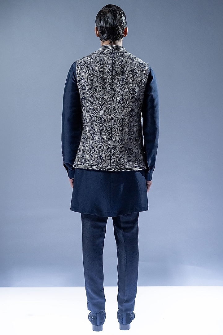 Blue Viscose Dupion Embroidered Indoestern Set by Rohit Gandhi & Rahul Khanna Men at Pernia's Pop Up Shop
