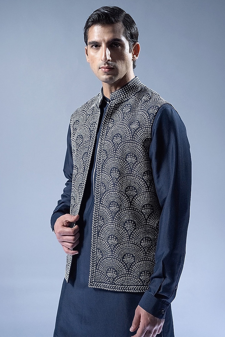 Blue Viscose Dupion Embroidered Indoestern Set by Rohit Gandhi & Rahul Khanna Men at Pernia's Pop Up Shop