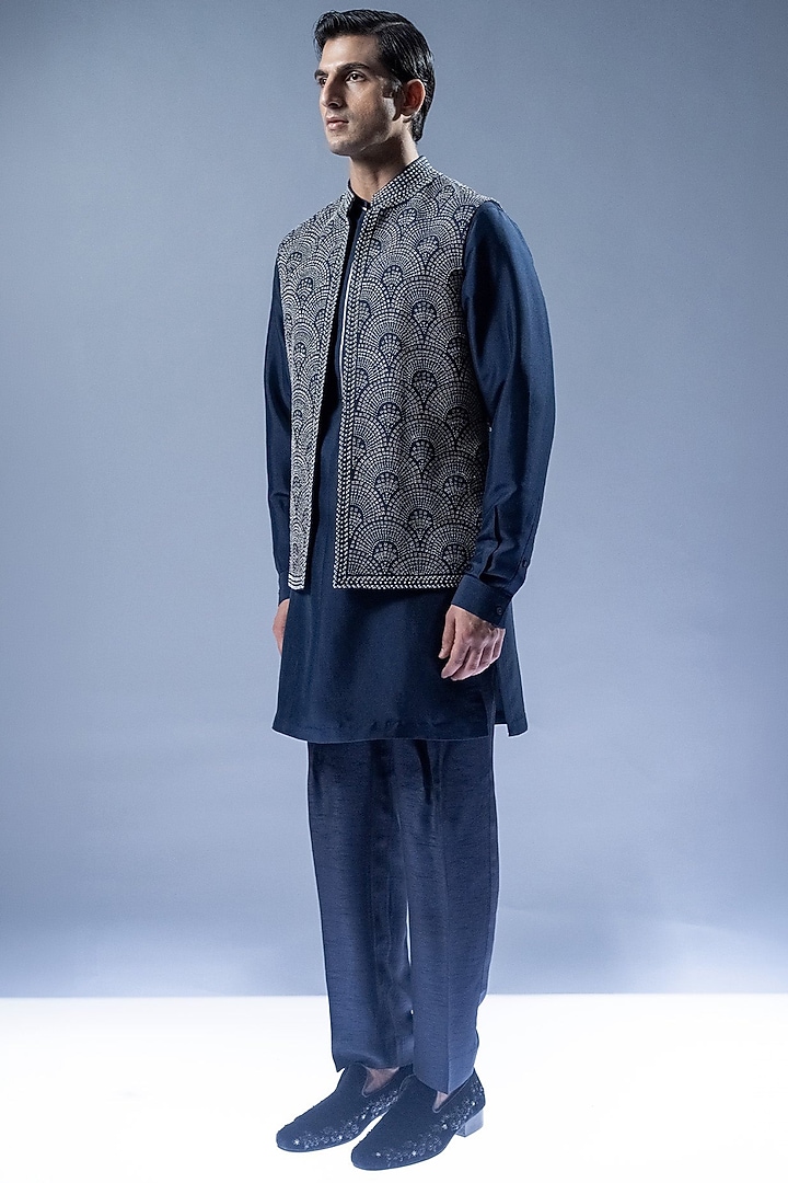 Blue Viscose Dupion Embroidered Indoestern Set by Rohit Gandhi & Rahul Khanna Men at Pernia's Pop Up Shop