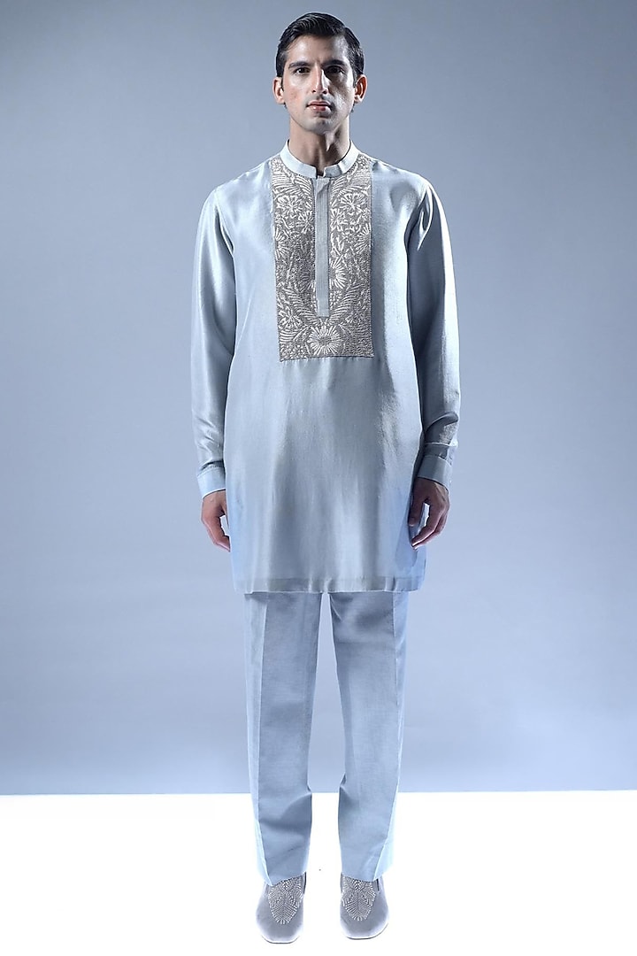 Blue Dupion Embroidered Kurta Set by Rohit Gandhi & Rahul Khanna Men at Pernia's Pop Up Shop