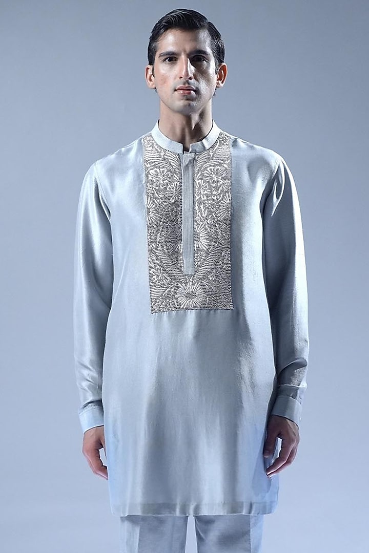 Blue Dupion Embroidered Kurta Set by Rohit Gandhi & Rahul Khanna Men at Pernia's Pop Up Shop