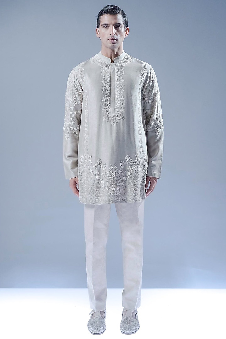 Cream Beige Viscose Dupion 3D Embroidered Kurta Set by Rohit Gandhi & Rahul Khanna Men at Pernia's Pop Up Shop