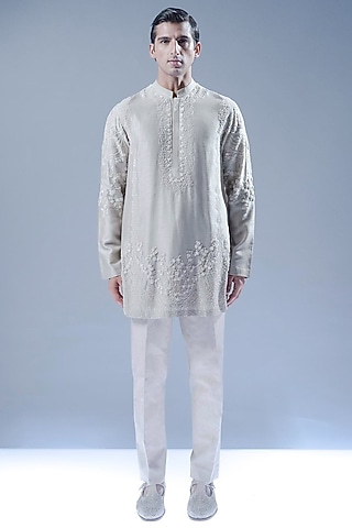 Cream Beige Viscose Dupion 3D Embroidered Kurta Set by Rohit Gandhi & Rahul Khanna Men