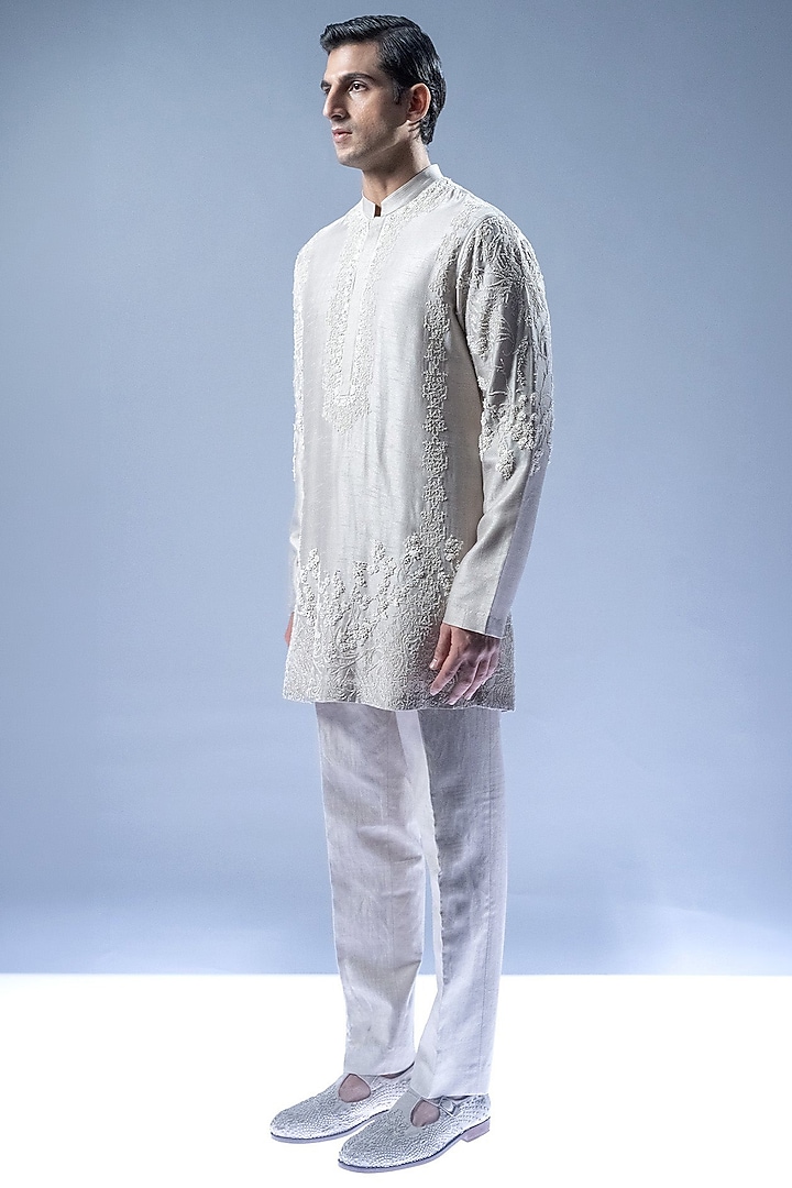 Cream Beige Viscose Dupion 3D Embroidered Kurta Set by Rohit Gandhi & Rahul Khanna Men at Pernia's Pop Up Shop