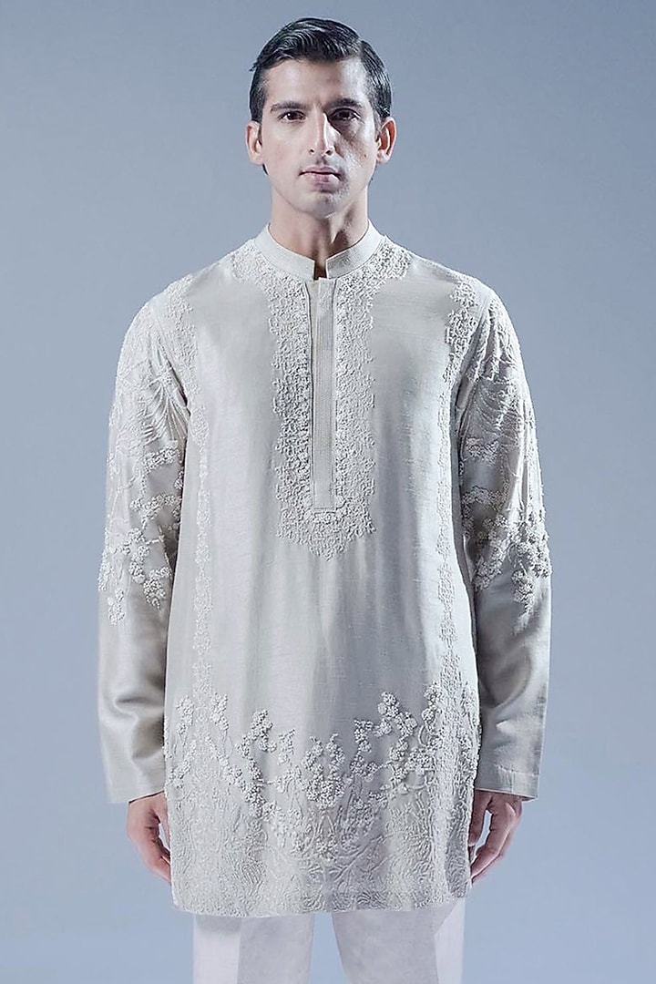 Cream Beige Viscose Dupion 3D Embroidered Kurta Set by Rohit Gandhi & Rahul Khanna Men at Pernia's Pop Up Shop